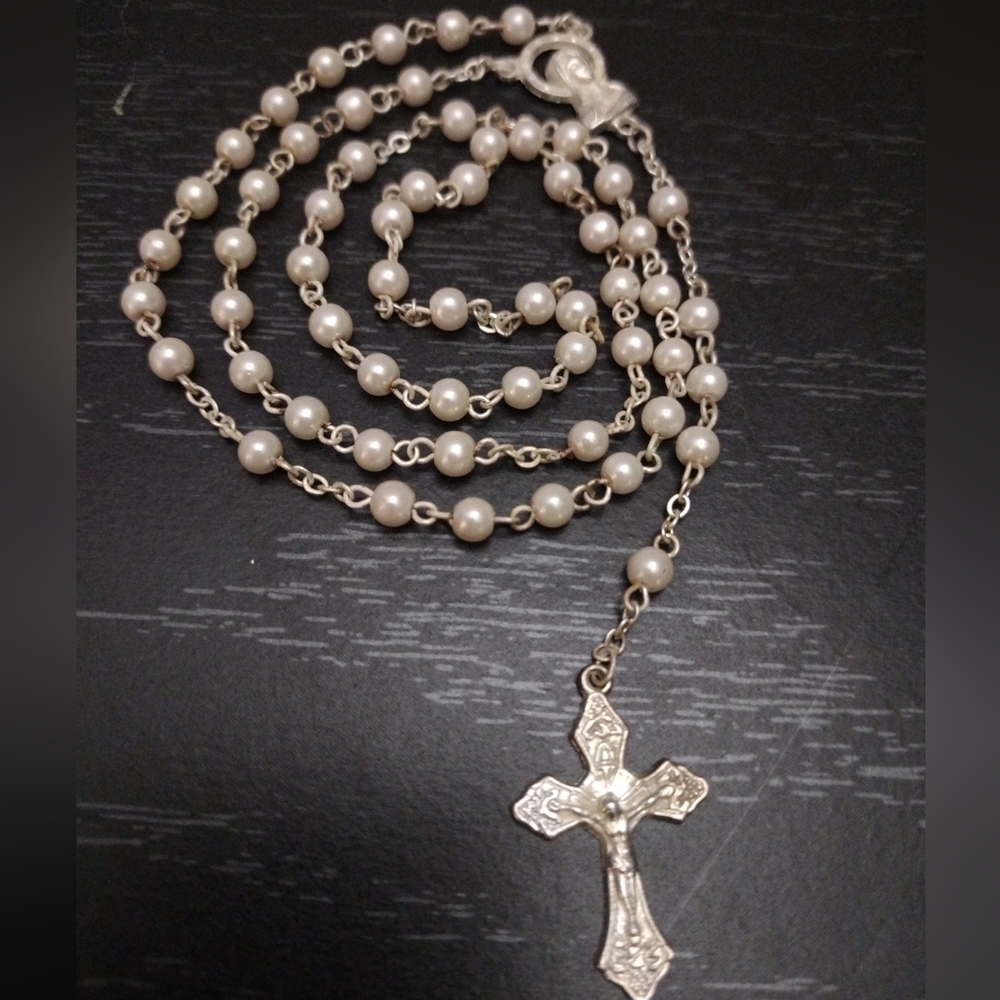 Vintage Childs Silver Tone Faux Pearl Rosary Made in Italy